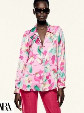 Zara Pink Floral Print Button-Up Blouse with Green and Yellow Accents